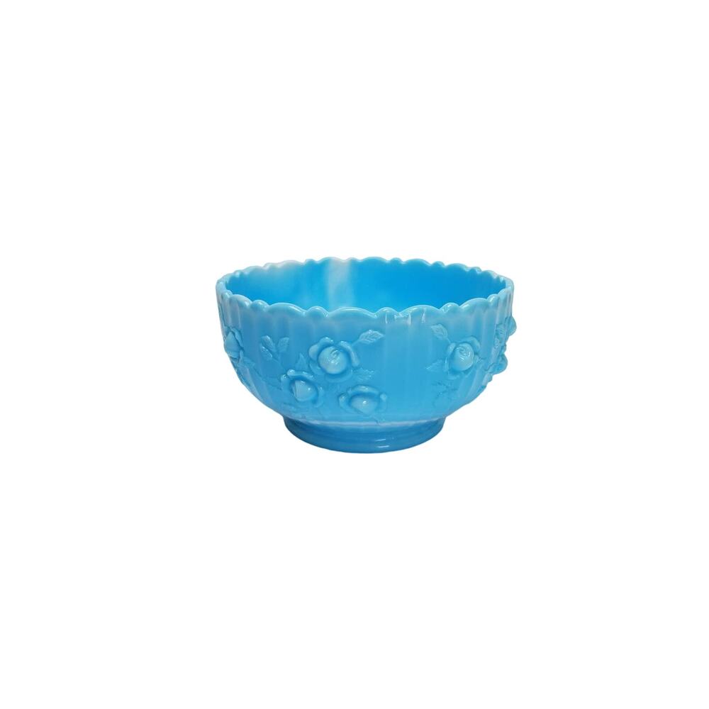 Vintage Fenton Rose Blue Marble Glass Bowl, Rose Floral Retro 70's